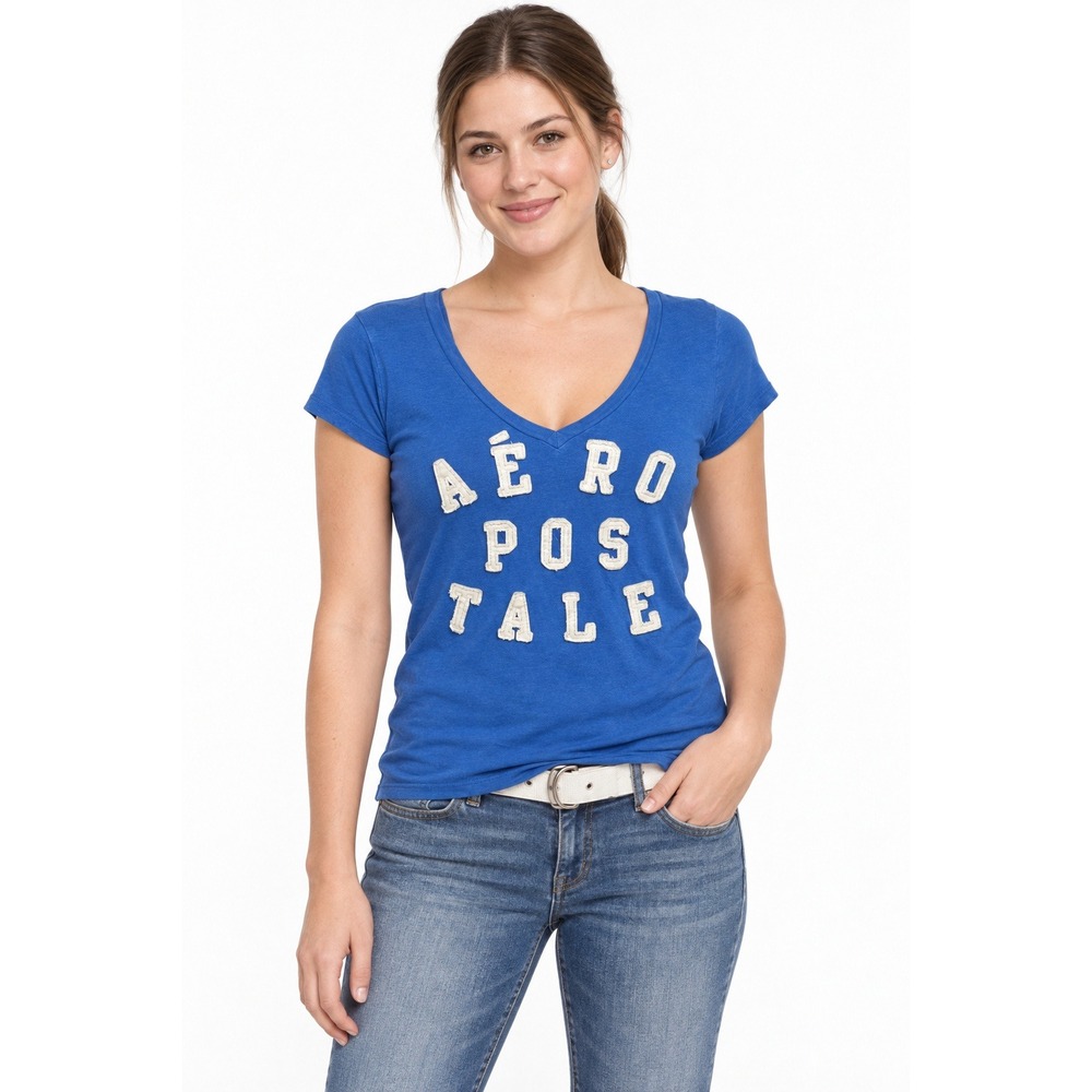 Aeropostale Graphic Tee‎ Top L Blue V Neck Varsity Logo 2010s Mallcore Preppy